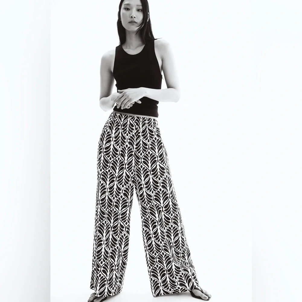 NWT H&M Women’s Wide Leg Linen-Blend Patterned Pants Black/White M